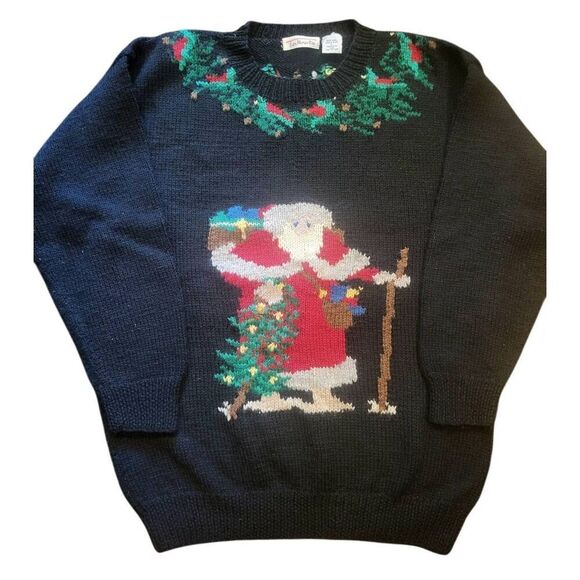 Vintage Talbots Sweater Women's Large Black Wool Knit Santa Intarsia Christmas - Picture 1 of 5